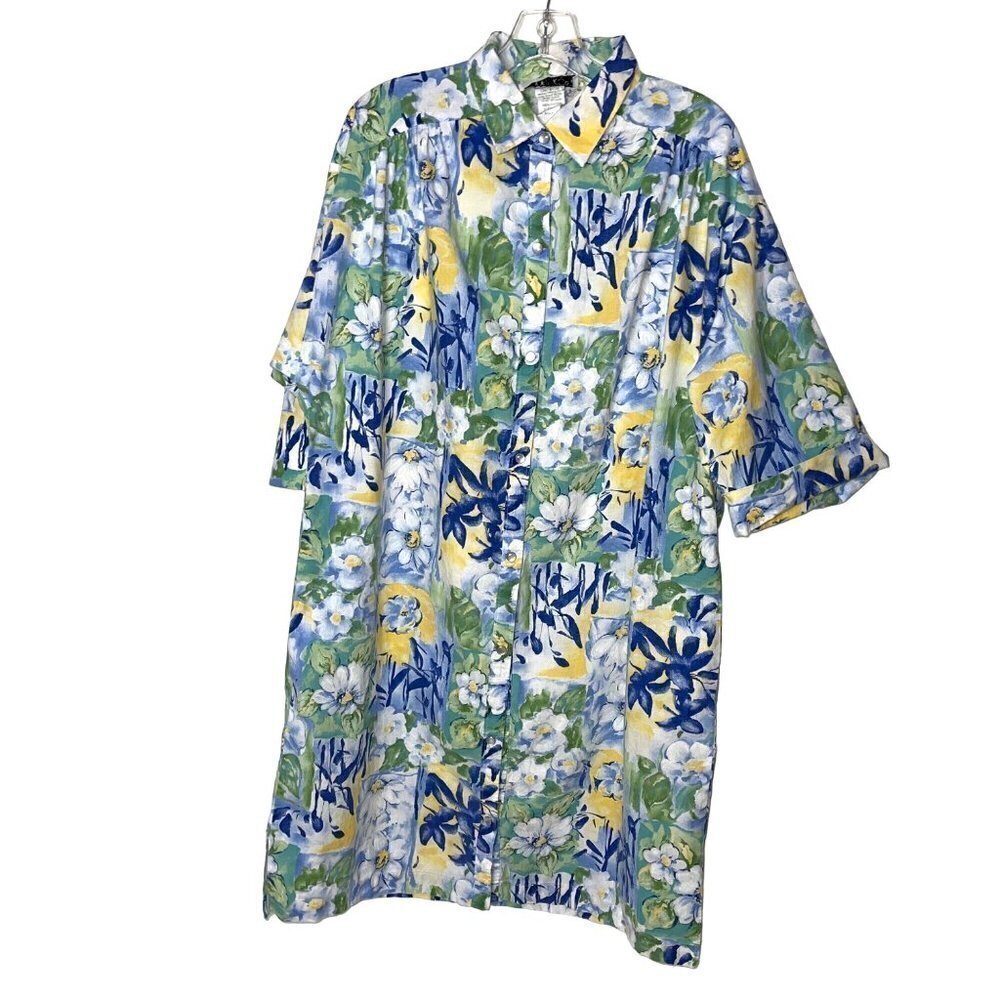 Models Coat Womens Lounge Dress Size 16 Floral Pure Cotton Snap Front Blue Green